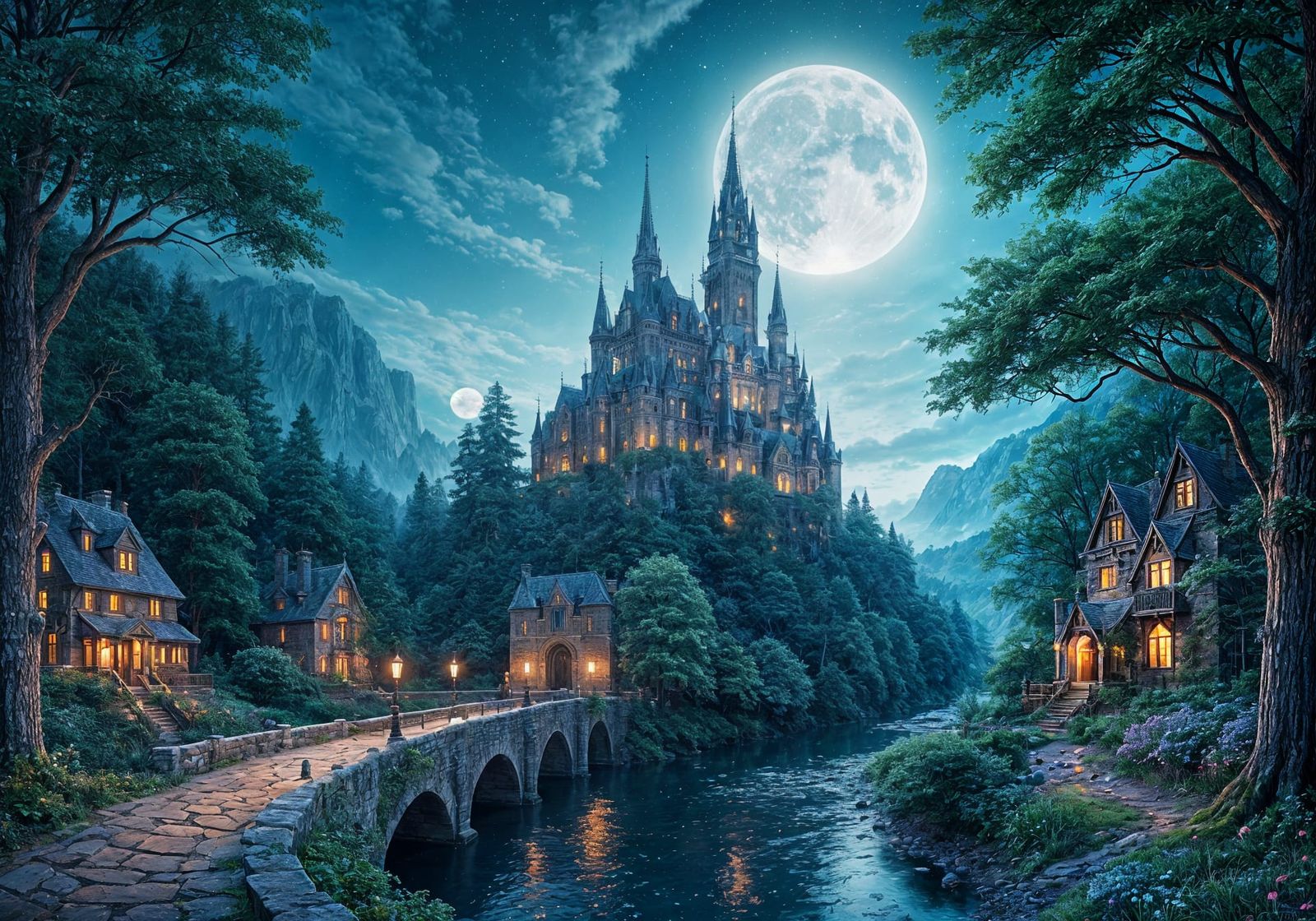 Surreal Gothic Castle Under Glowing Full Moon in Enchanted F...