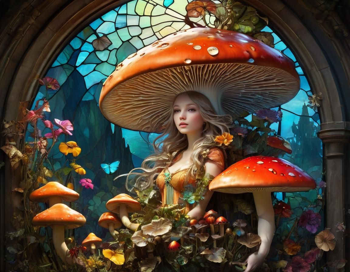 Fairy in Mushroom Wonderland Stained Glass Mosaic