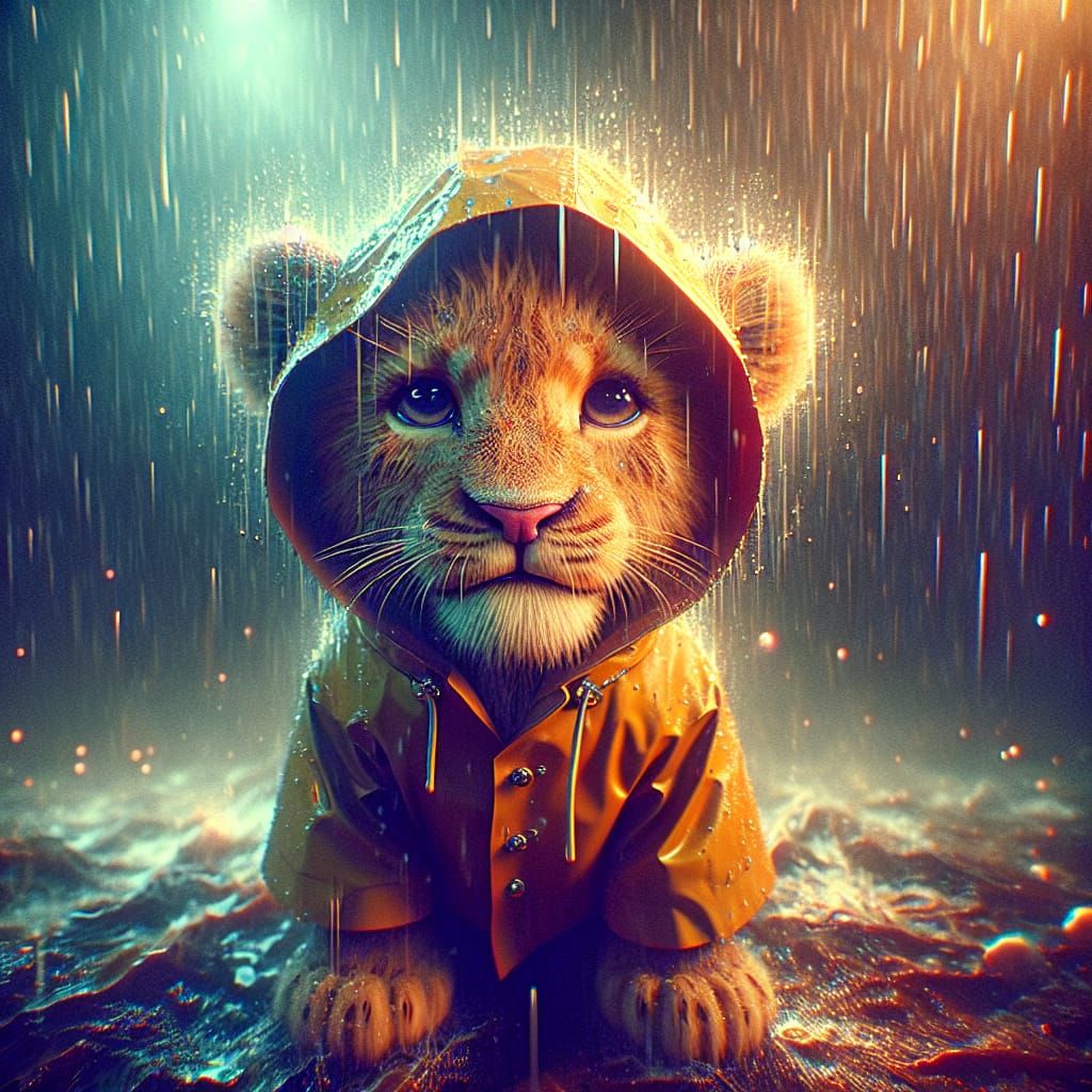 Baby Lion in Raincoat: Hyperdetailed Digital Art