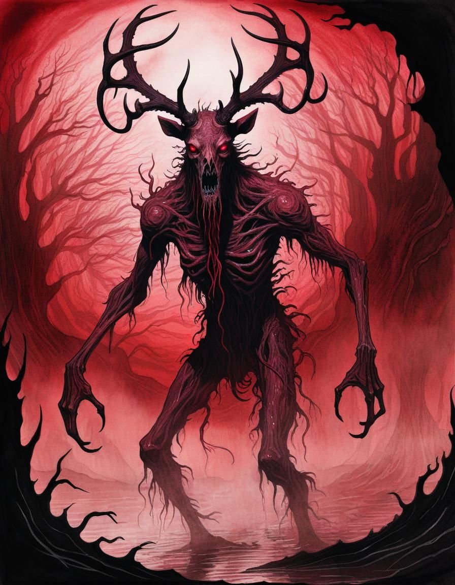 Wendigo, eldritch, horror, ink drawing, wet brush, liminal s...