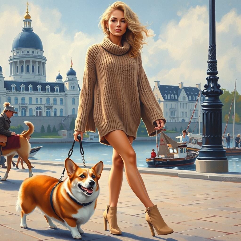 Woman Walks Corgi in Connecticut Painting