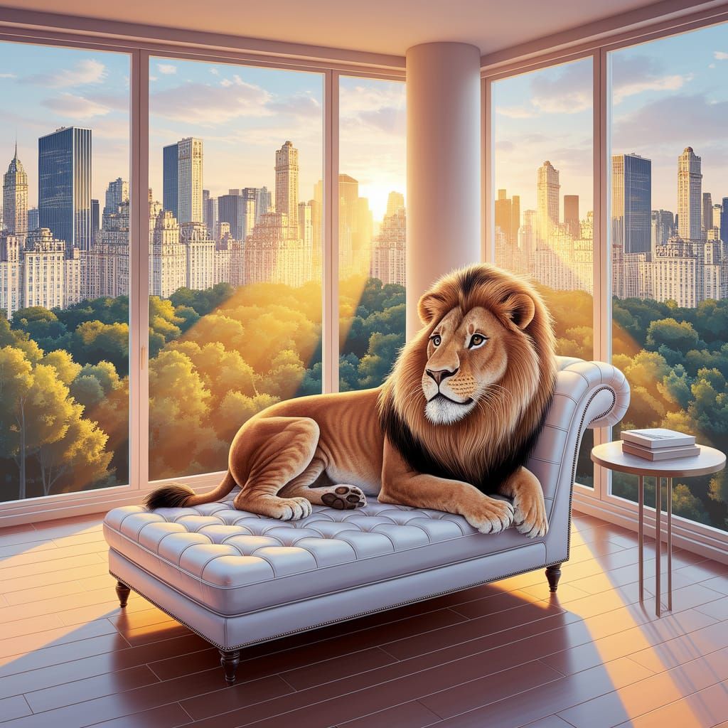 Lion Lounging in Penthouse: A Gouache Caricature