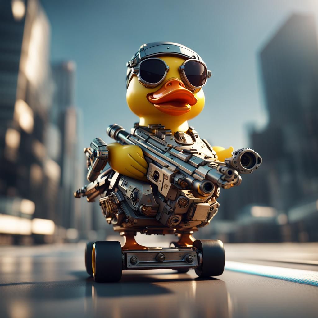 Sci-Fi Rubber Duck Skateboarder with Machine Gun
