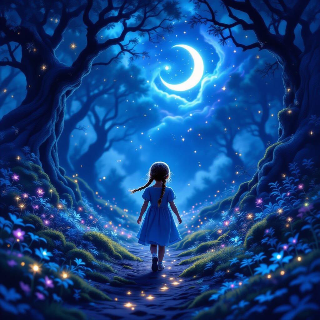 Girl's Journey Through Moonlit Mystical Forest