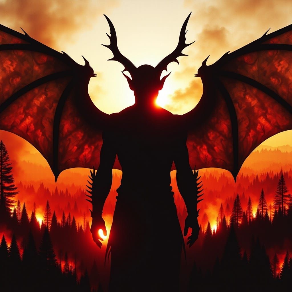 Devil Silhouette in Apocalyptic Double Exposure Style