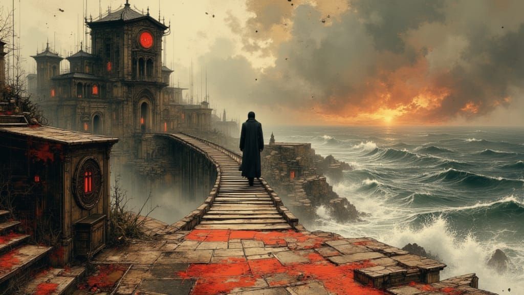 Macabre Skull with Red Eyes on Antique Table