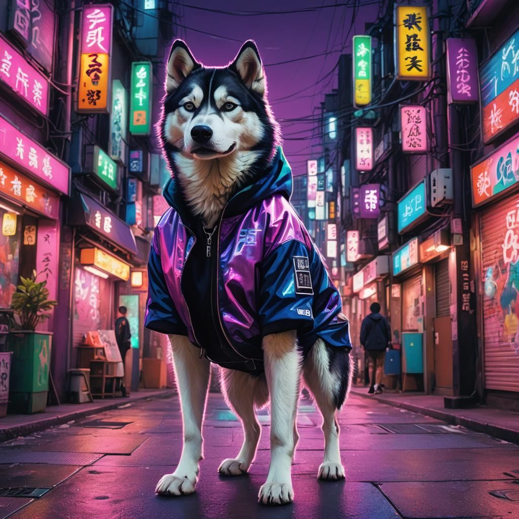 Husky Dog in Tokyo Streetwear: Vibrant Oil Painting