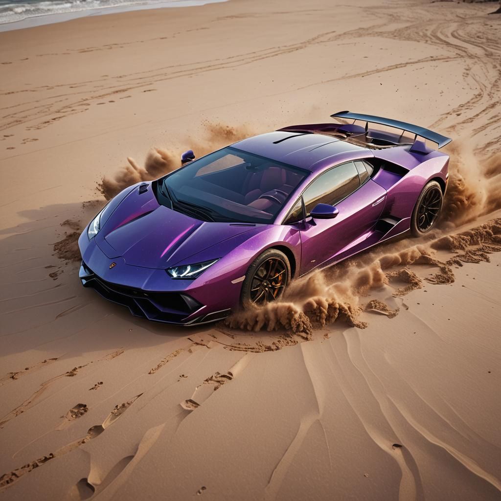 Purple Lamborghini Beach Drift in Hyperrealistic Style