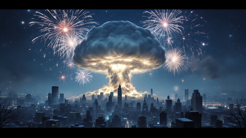 Epic Winter Night Sky with Fireworks and Atomic Bomb Cloud i...