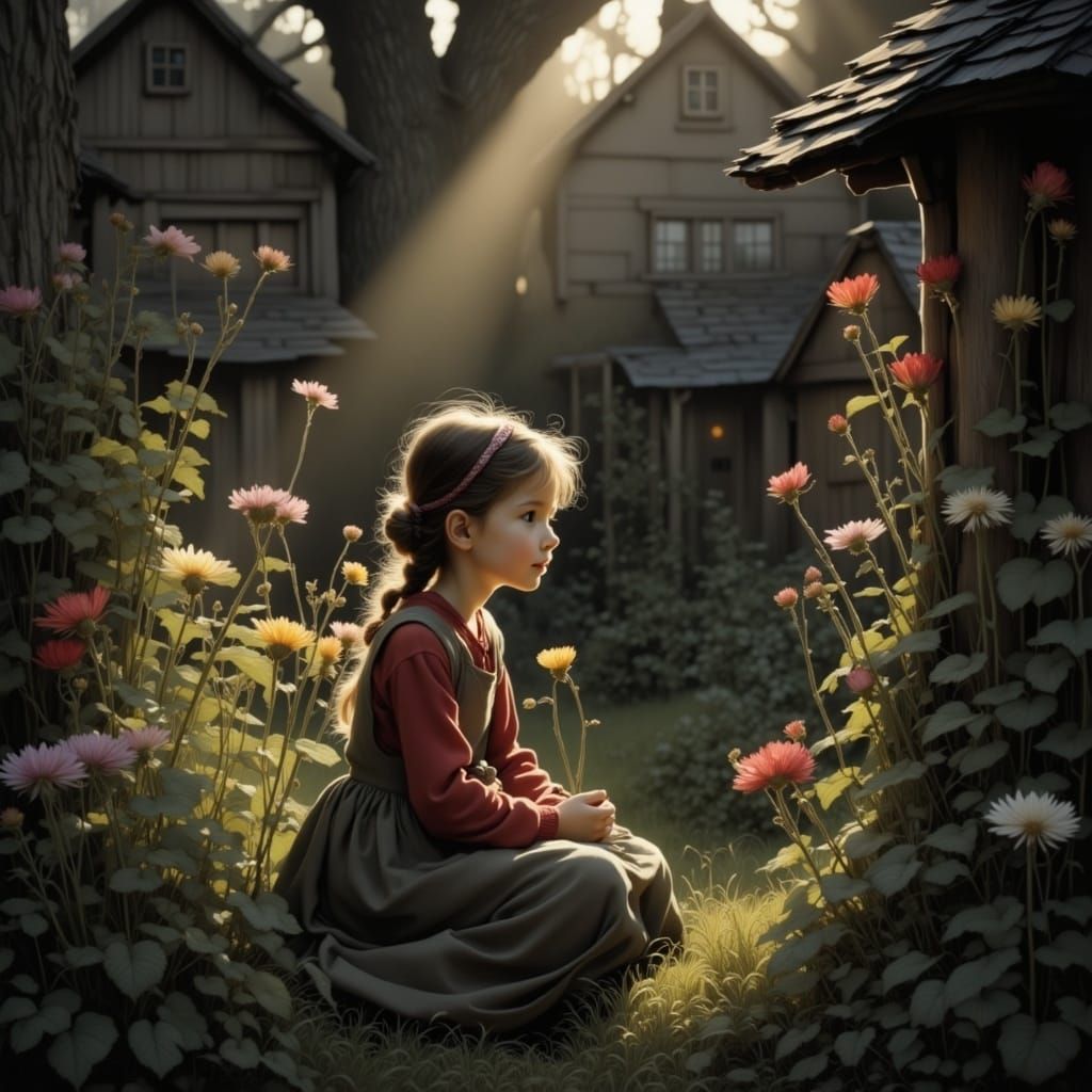 Sunbeams Illuminate Blooming Garden Between Dark Houses