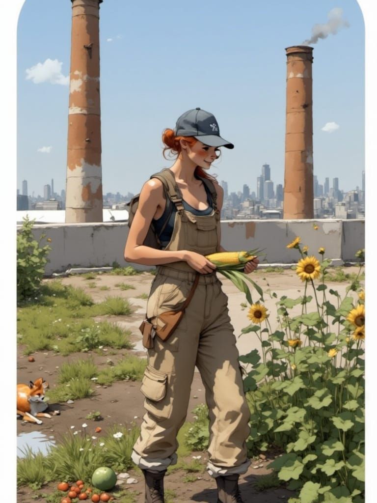 Fox-girl Vixen, Jim the fox spirit, attending their garden, on top of a tall building.