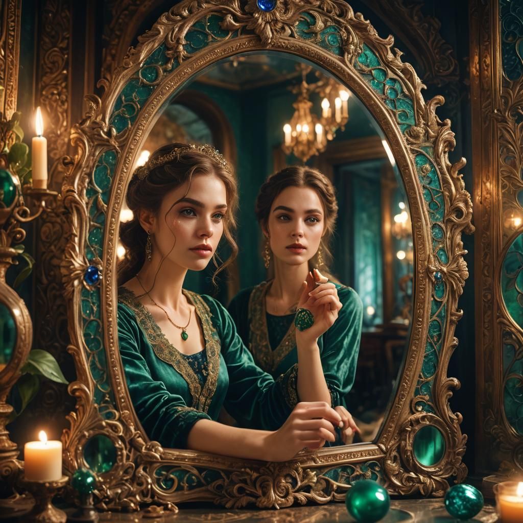 Ornate Mirror Reflects a Girl in Fantasy Art