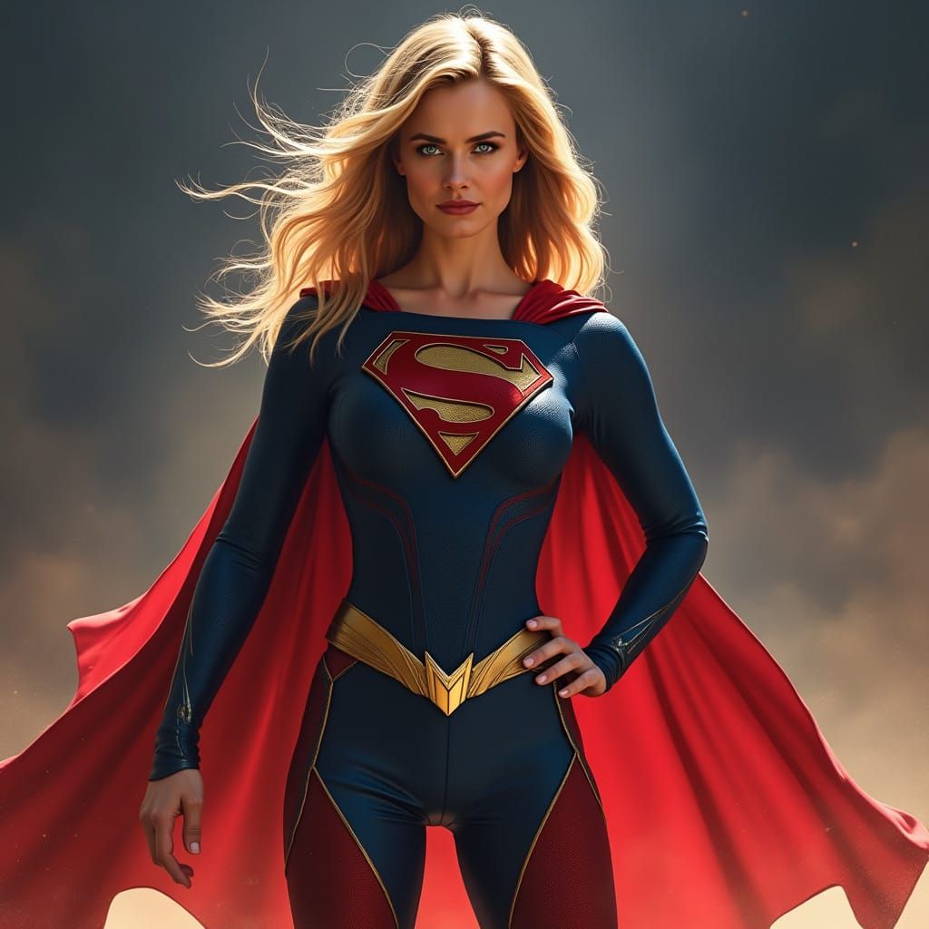 Superwoman in Iconic Blue and Red Costume with Golden Emblem