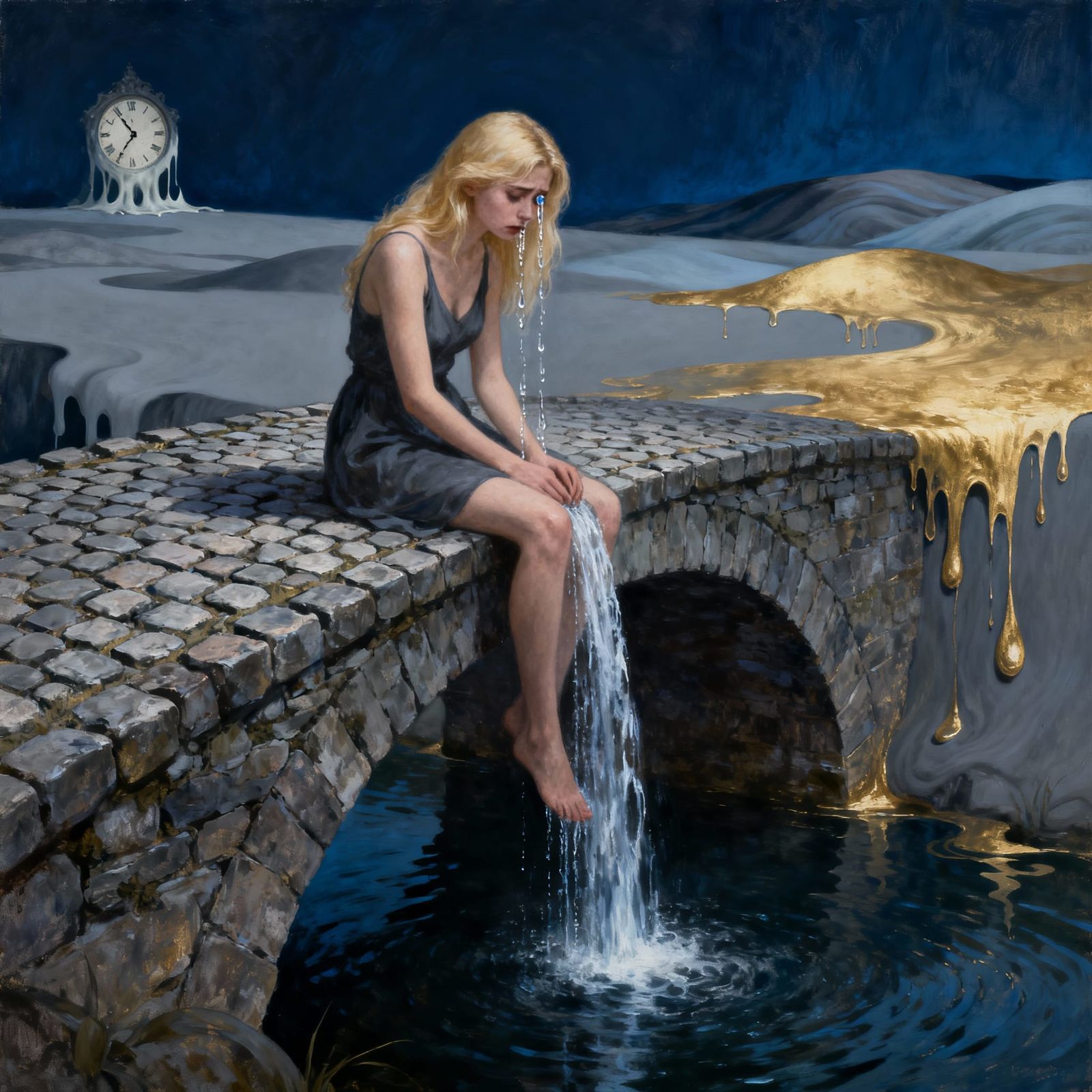 Sad Woman Weeps on Bridge, Surrealist Landscape