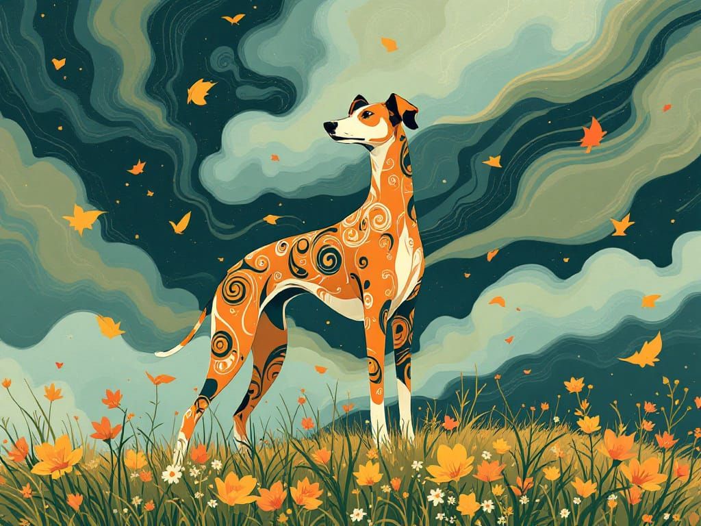 Stylized Sighthound in Autumn Wind as Ornamental Portrait