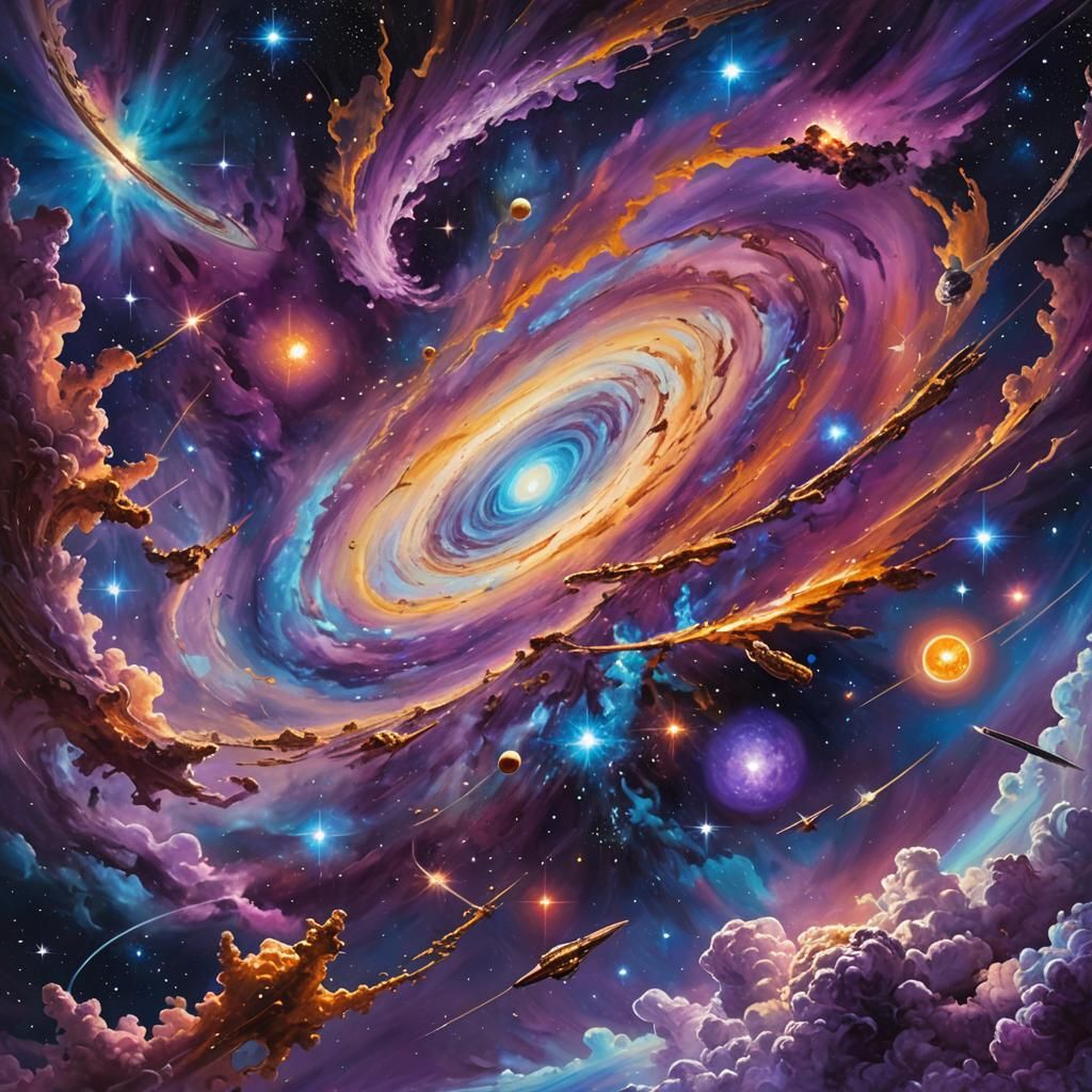 Vibrant Galaxy with Space Station in Oil Painting Style