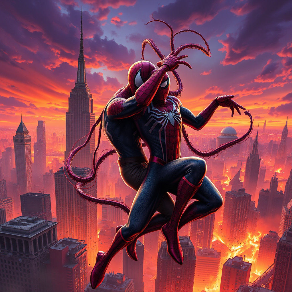 Spider-Man vs Carnage in Dystopian Cityscape