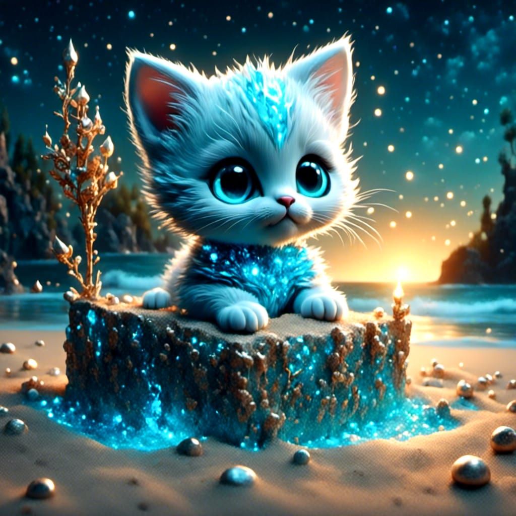 Luminescent Kitten Builds Sandcastle on Beach