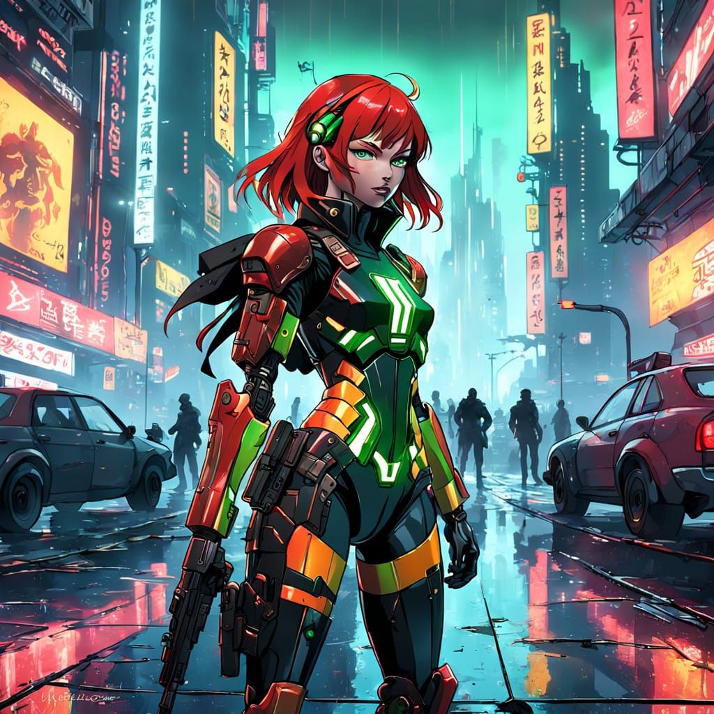 Cyberpunk Gynoid Warrior in Red and Black Armor