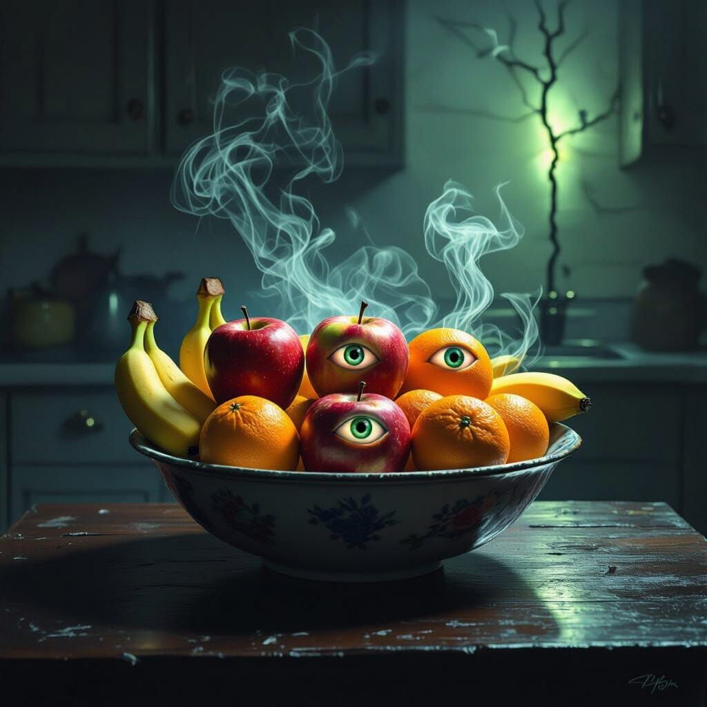 Haunted Fruit Bowl with Eerie Smoke in Sinister Kitchen