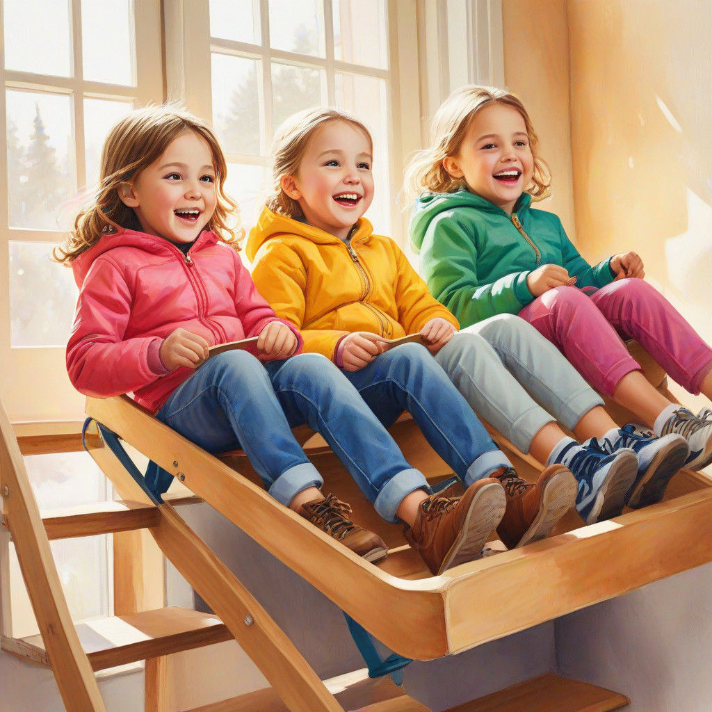 Children Sliding Down Stairs on Whimsical Cardboard Sleds
