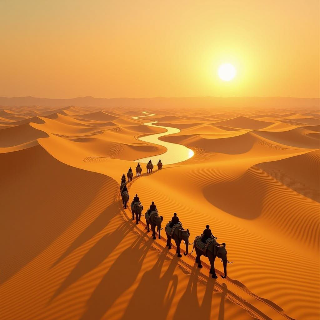 Golden Desert Elephants in Majestic Mirage Landscape