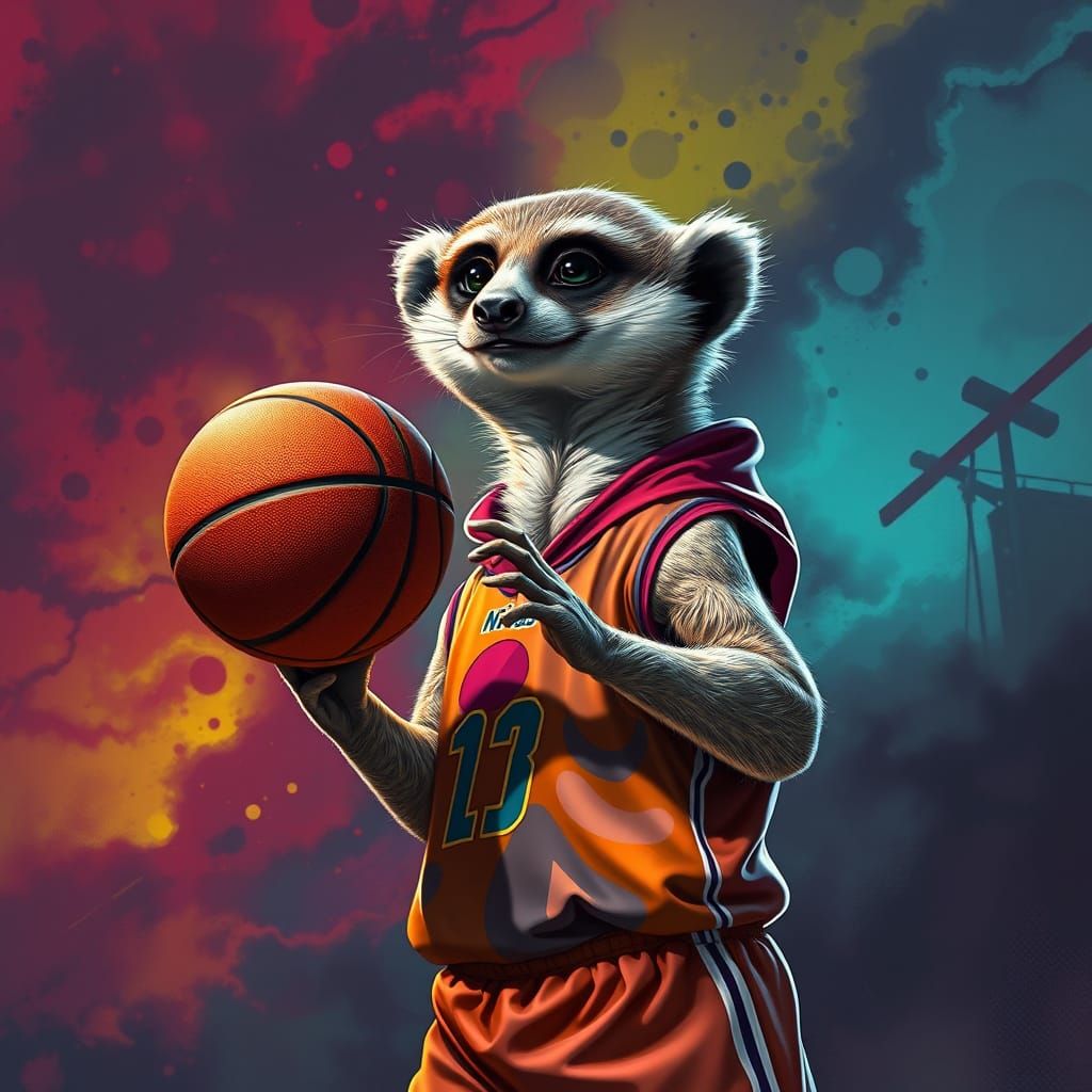Hyperrealistic Meerkat Plays Basketball in Futuristic Style