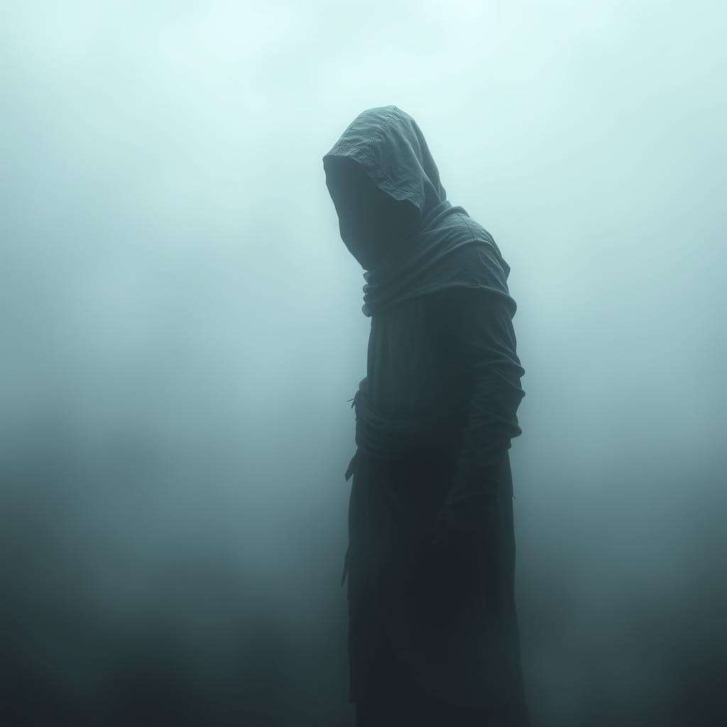 Ethereal Hooded Figure in Hazy Dreamscape