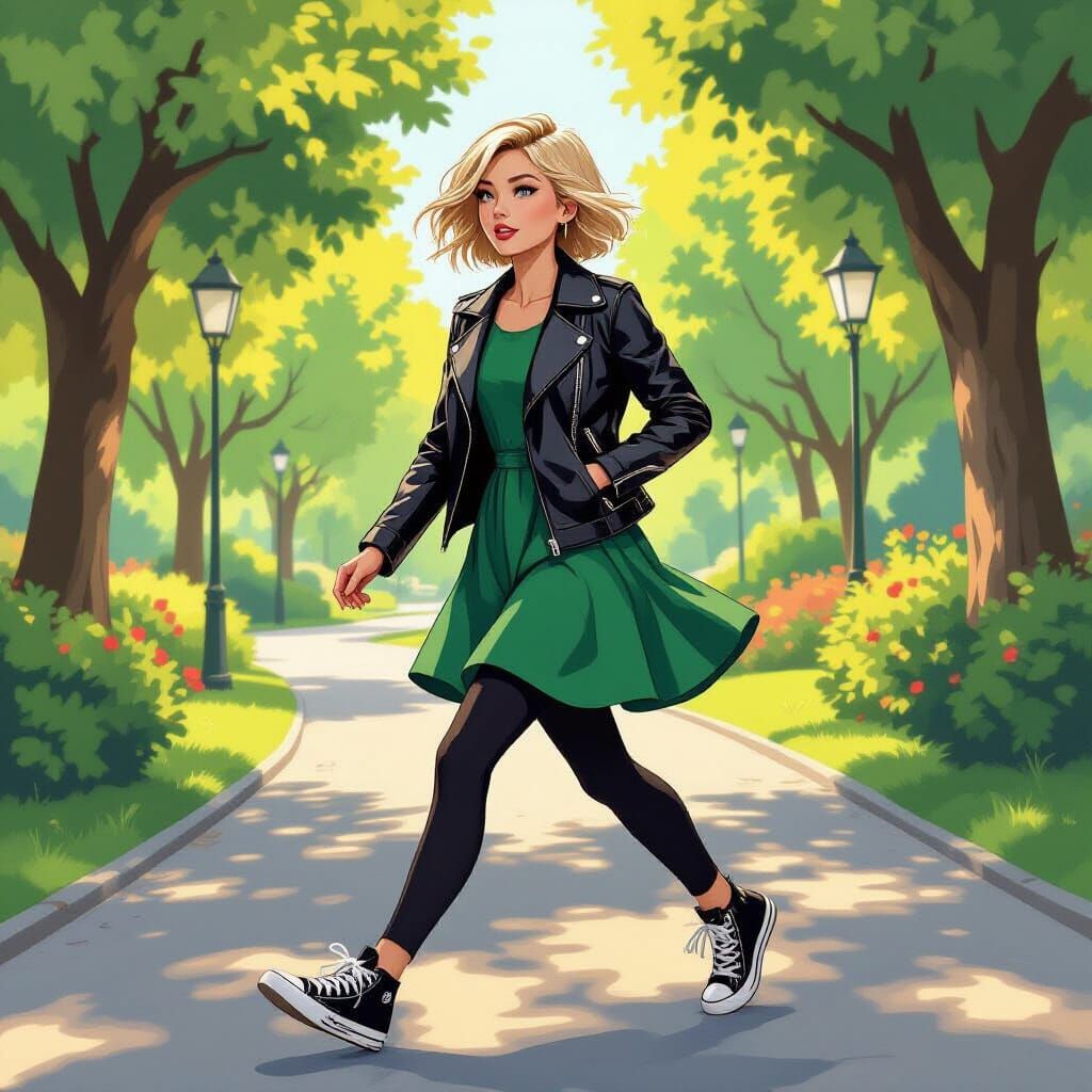 Woman in Leather Jacket and Green Dress in Park