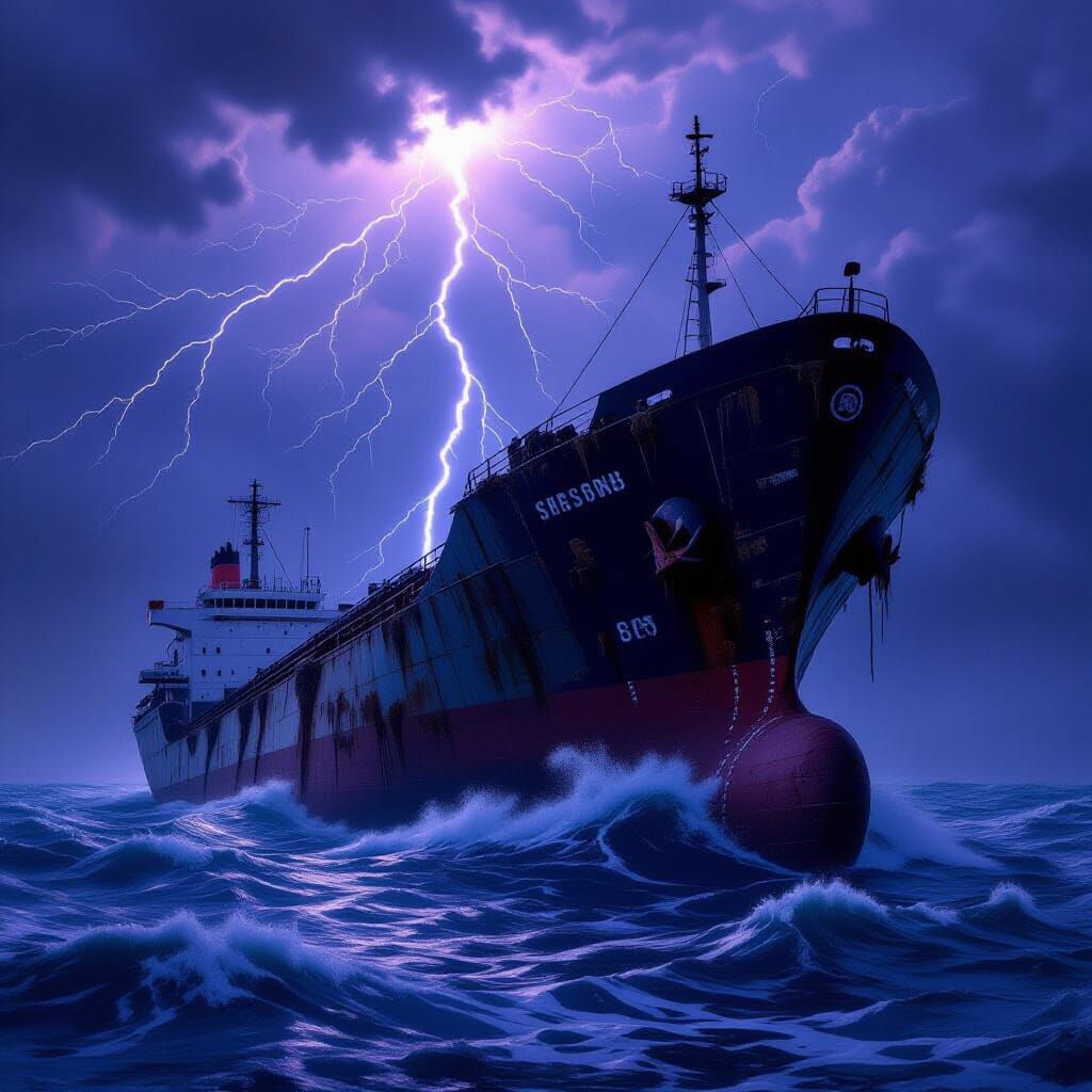 Derelict Ship in Stormy Seas, Punk Art Style