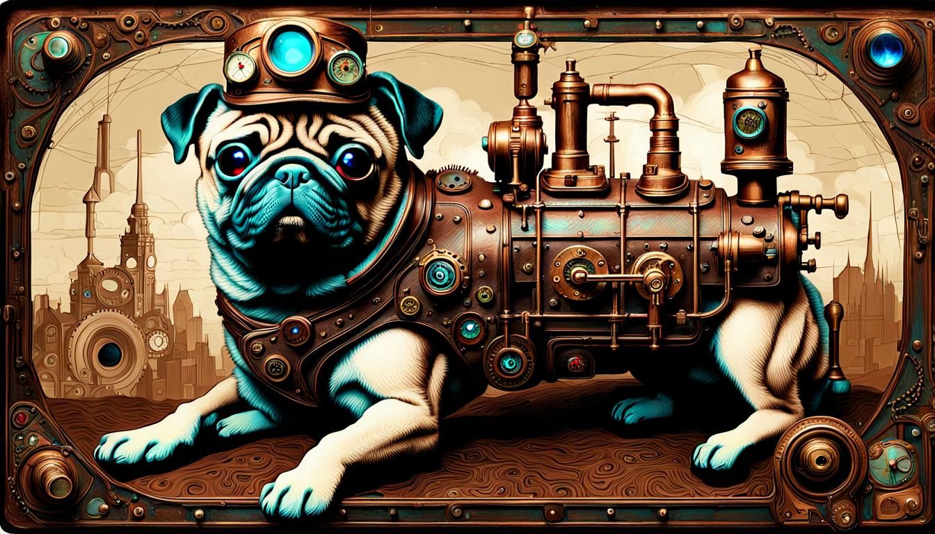 Steampunk Pug with Anaglyphic 3D Glasses