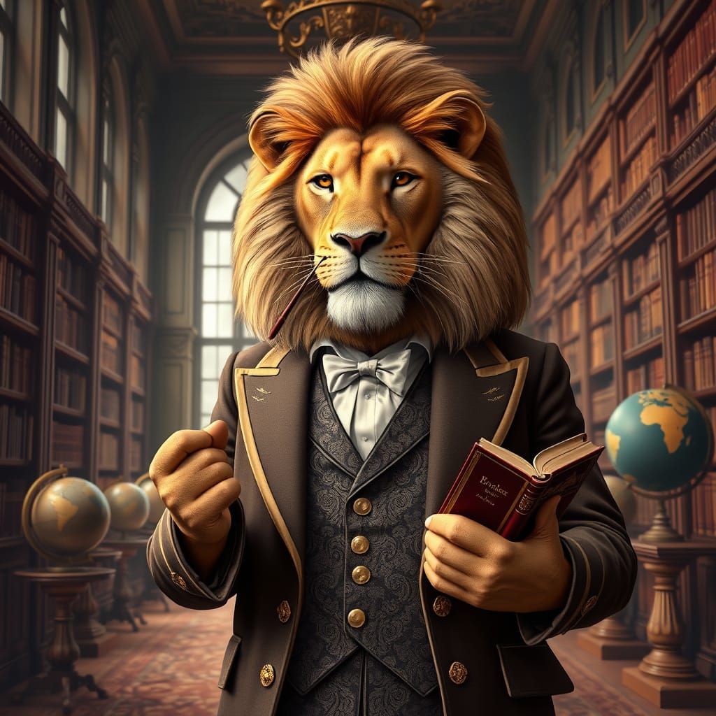 Regal Lion in Victorian Library Attire