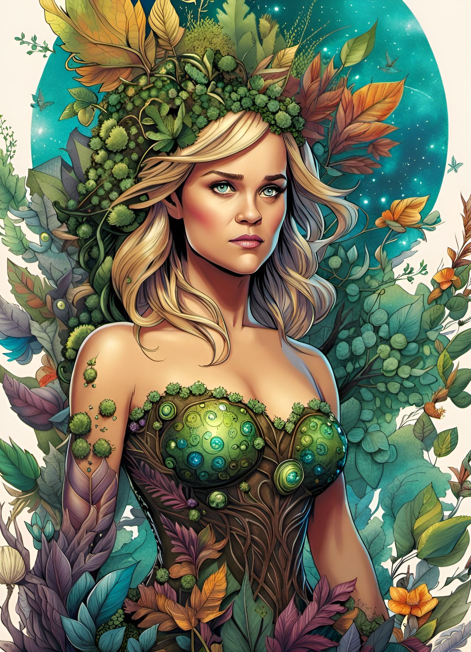 Detailed Dryad Portrait in Cosmic Colors