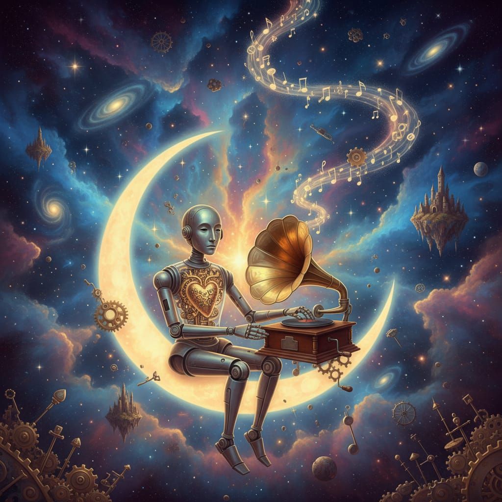 Surreal Robot on Moon with Gramophone
