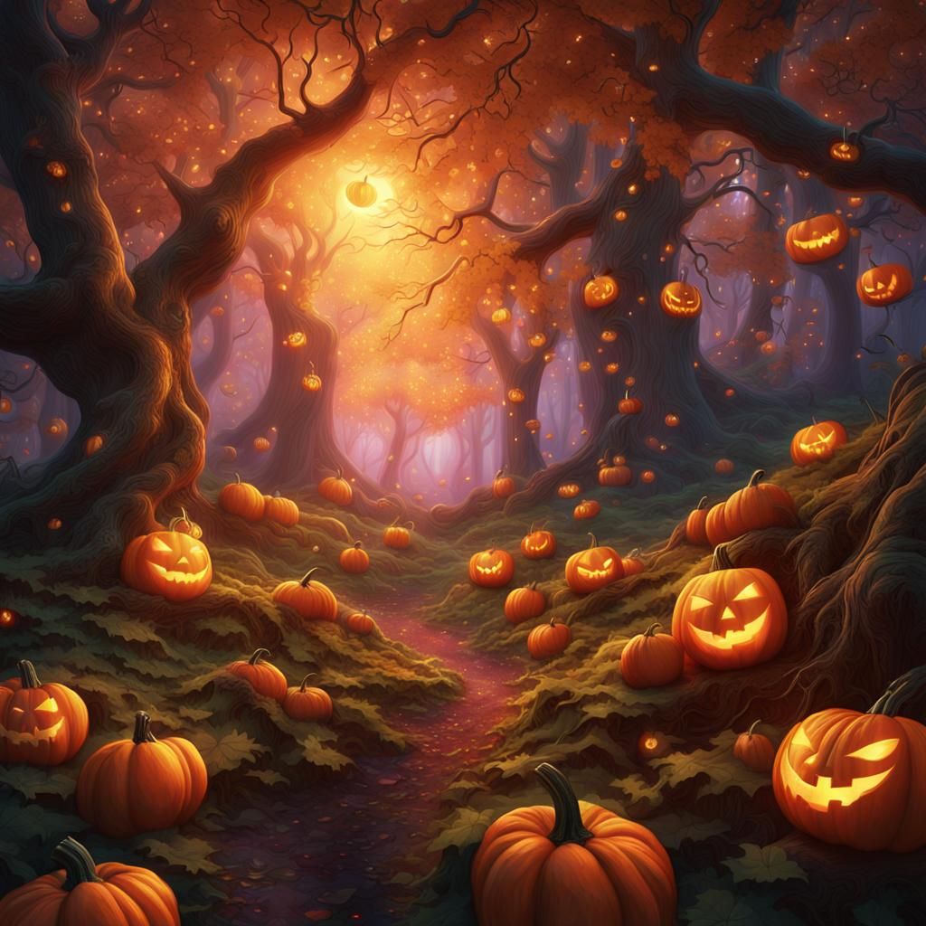 Glowing Pumpkins in Mystical Forest Clearing