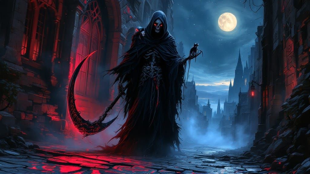 Skeletal Death and Tiny Rat Companion in Dramatic Chiaroscur...