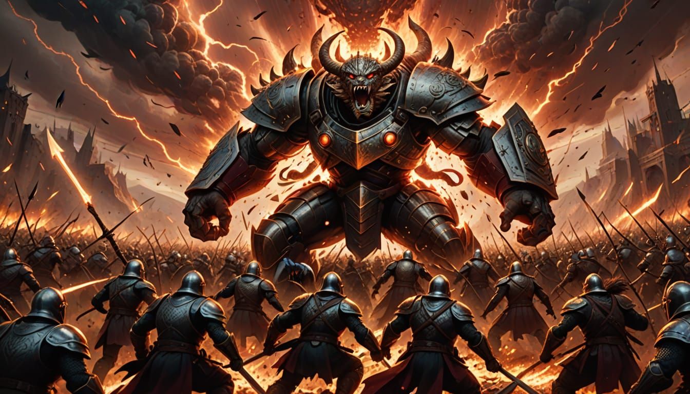 A massive, living shield hurtling through a chaotic battlefield, its monstrous face roaring with a jagged mouth full of ...