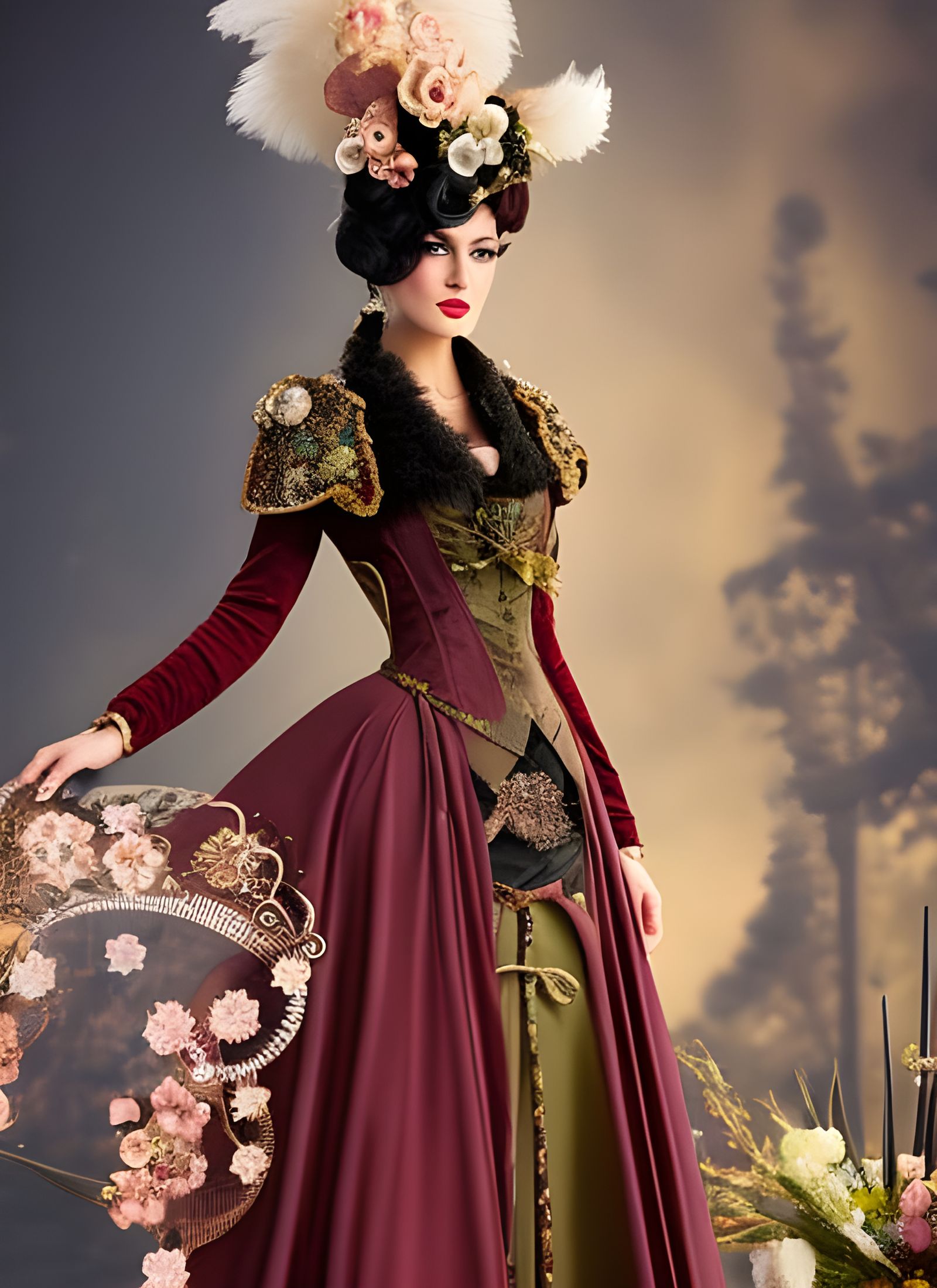 Floral Steampunk Woman Portrait in Rococo Style