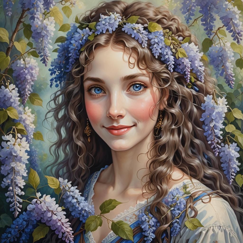 Renaissance Portrait: Smiling Lady with Wisteria