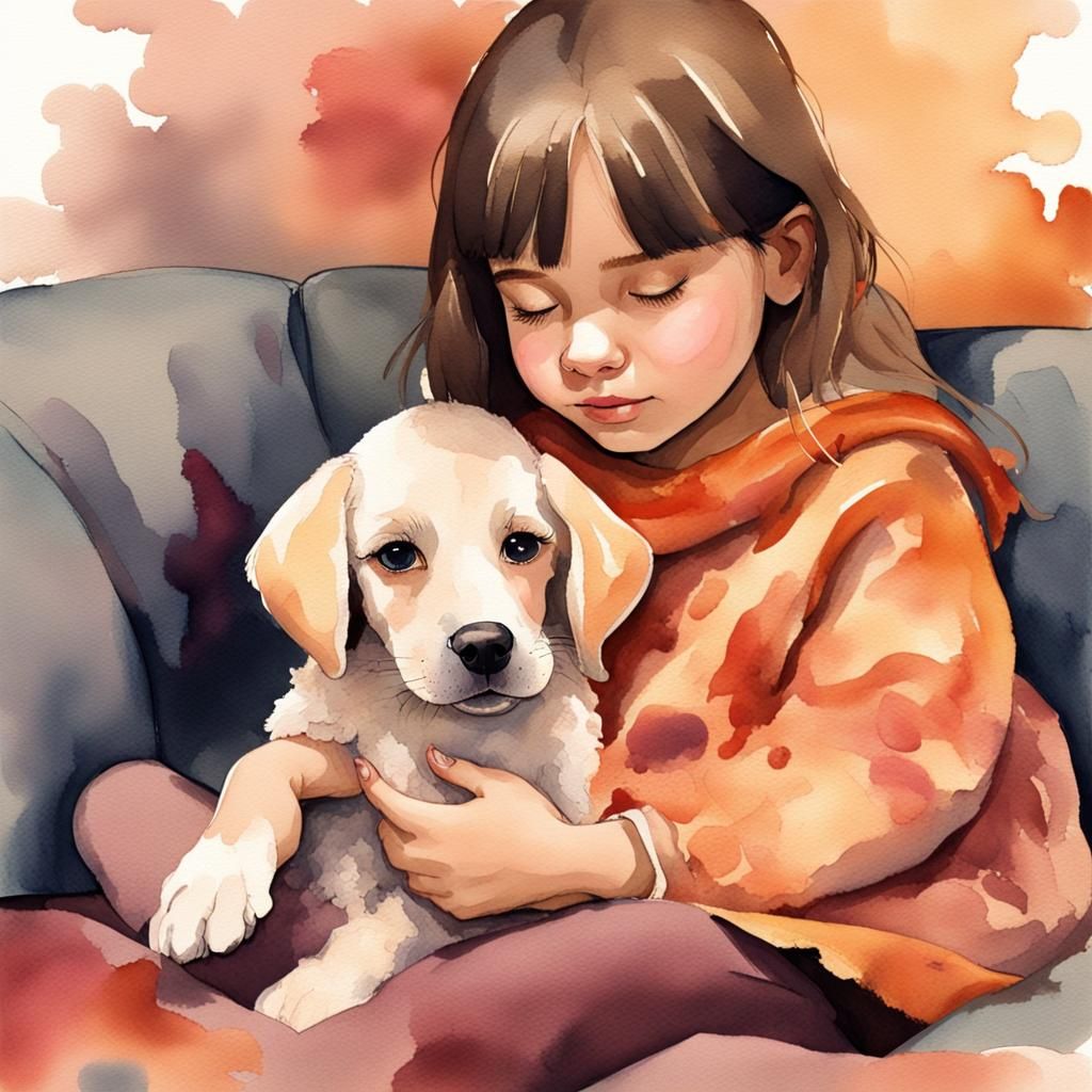 Girl and Puppy in Drippy Watercolor Style