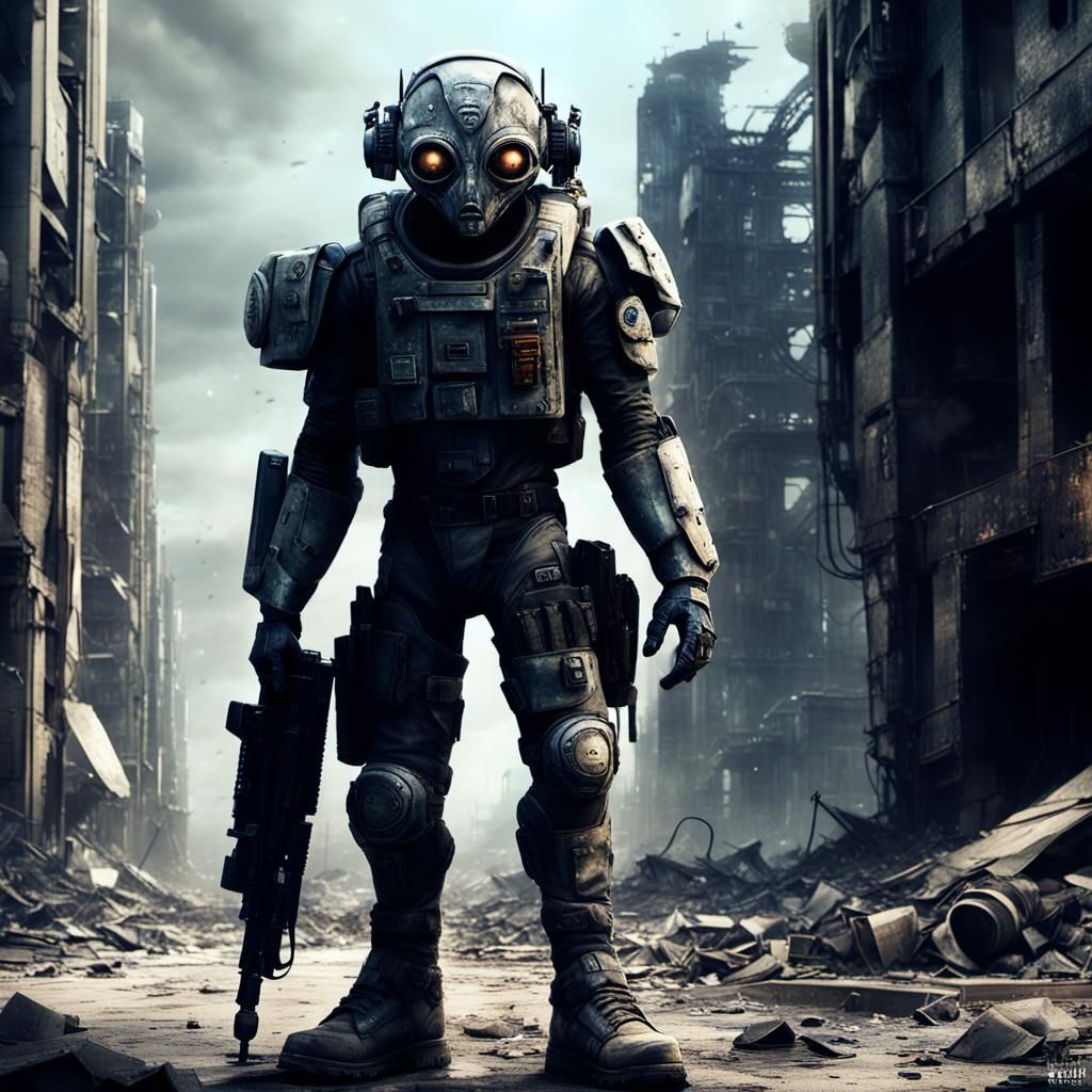 Alien Soldier in Dystopian Sci-Fi Landscape