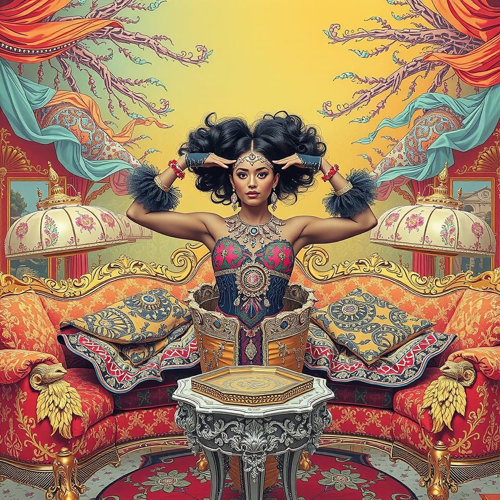 Ornate Woman in Opulent Setting: Maximalist Digital Art