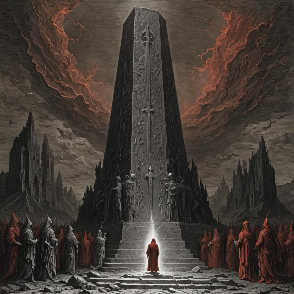 Cult Worship at Monolith Obelisk in Sepia