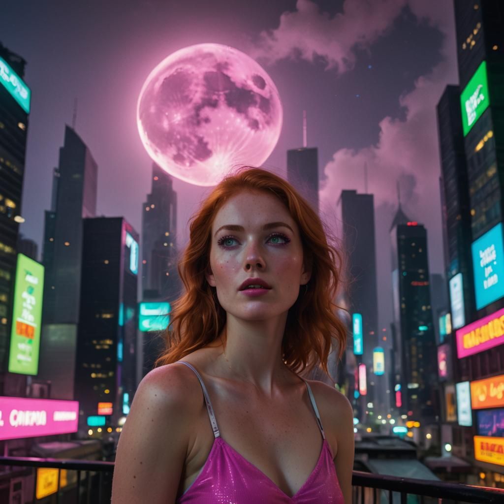 Cyberpunk Redhead in Neon Cityscape
