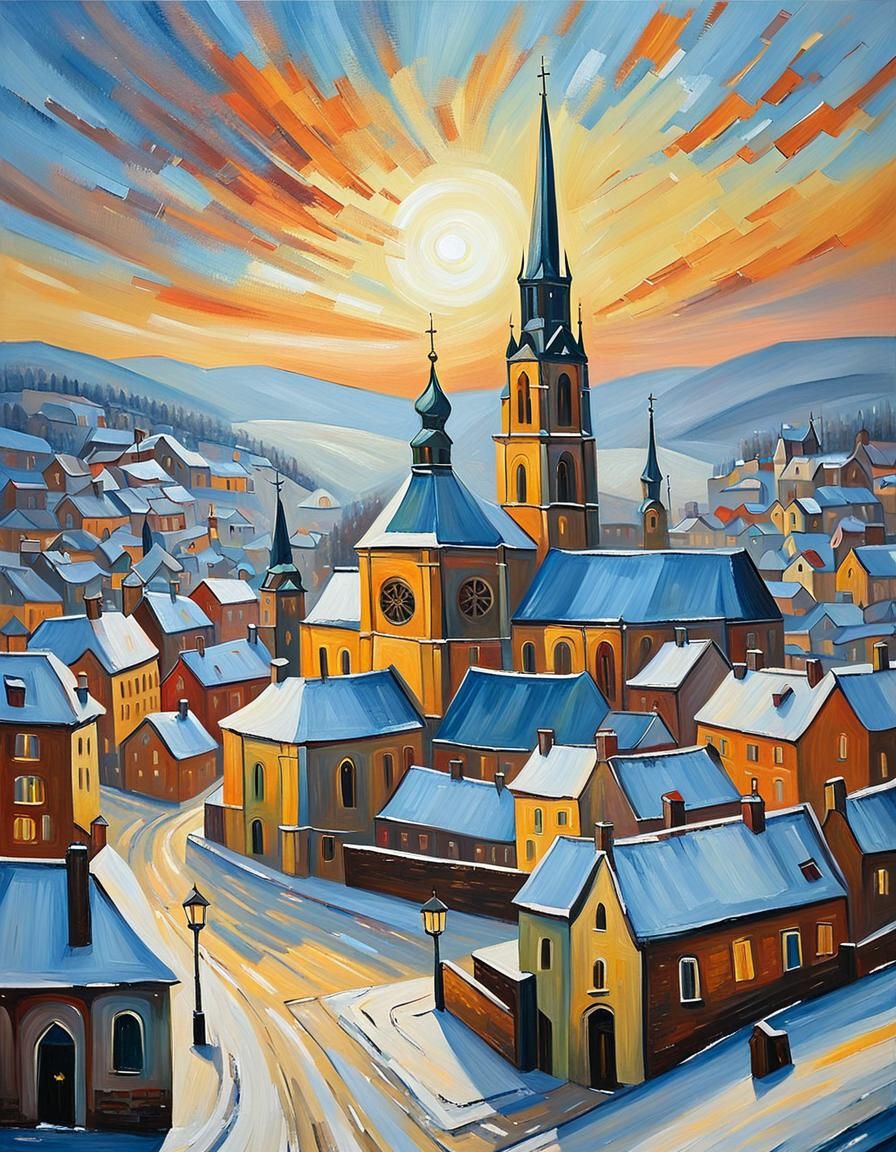 Winter Village Sunset in Acrylic Impasto Style