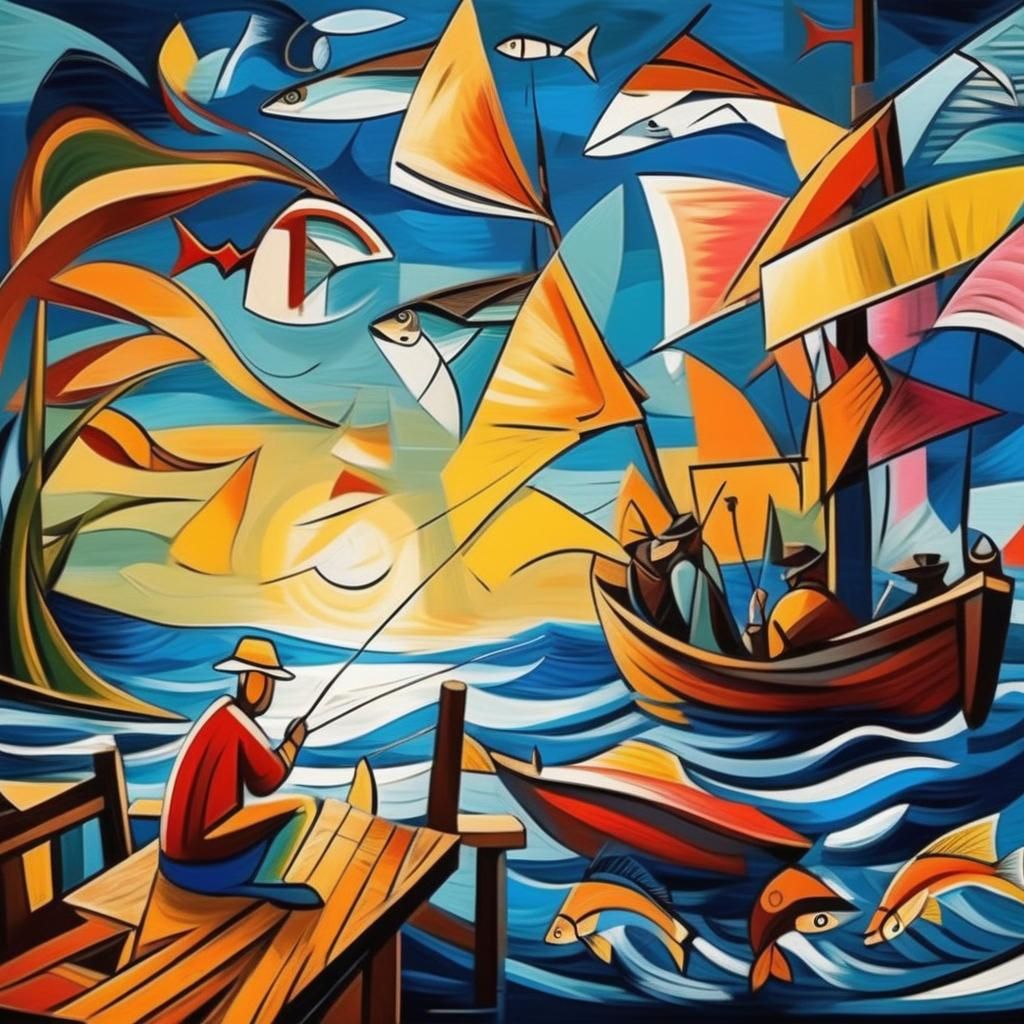 Picasso Style Fishing Scene in Vivid Colors