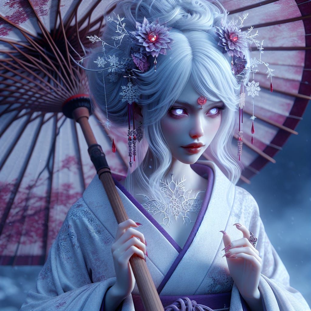 The image is of a beautiful (evil) Japanese woman with white...