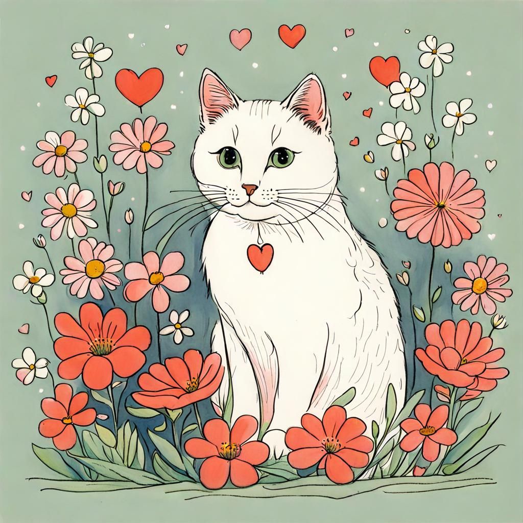 Cute Cat with Flowers: Whimsical Illustration