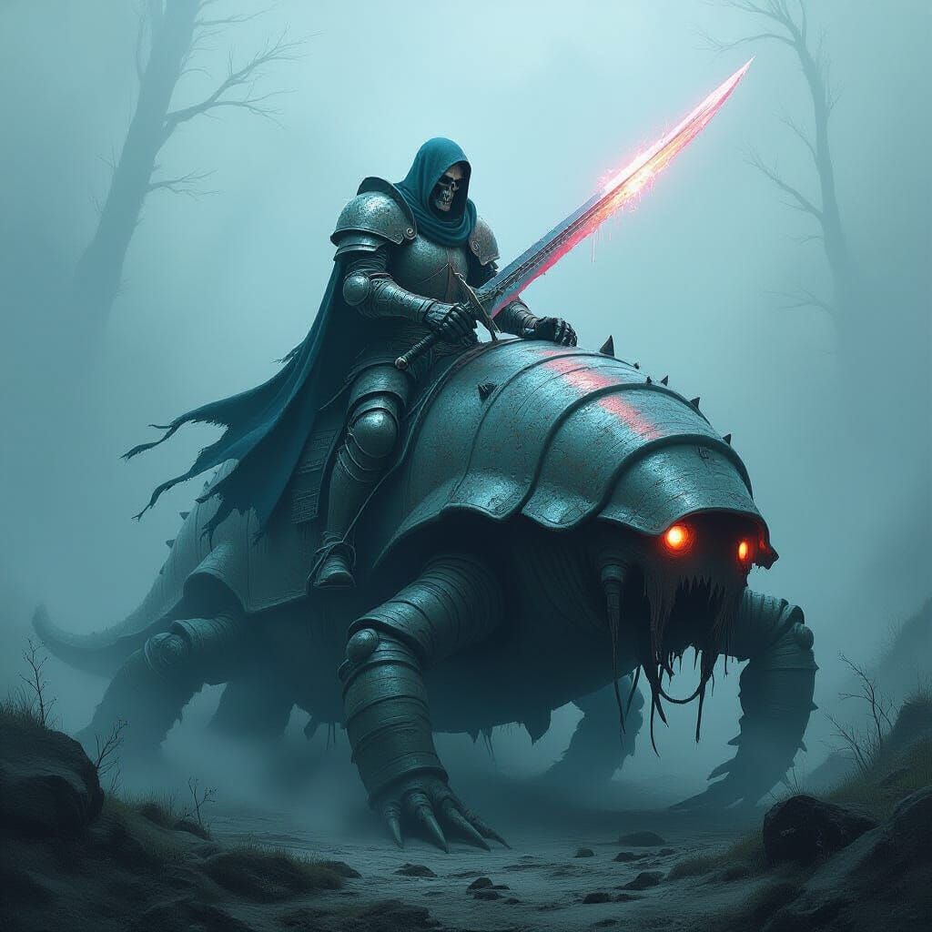 Zombie Knight Rides Giant Water Bear in Foggy Dark Fantasy