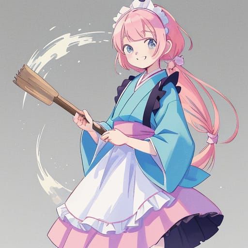 Anime Maid with Pink Hair Holding Broom